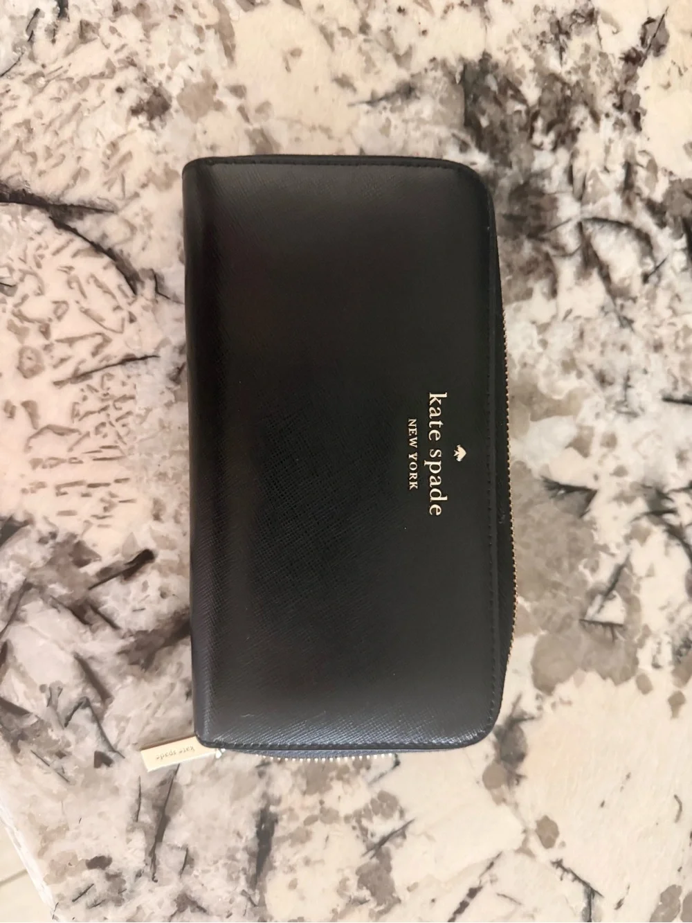 kate spade Black Saffiano Zip Wallet with Gold Logo